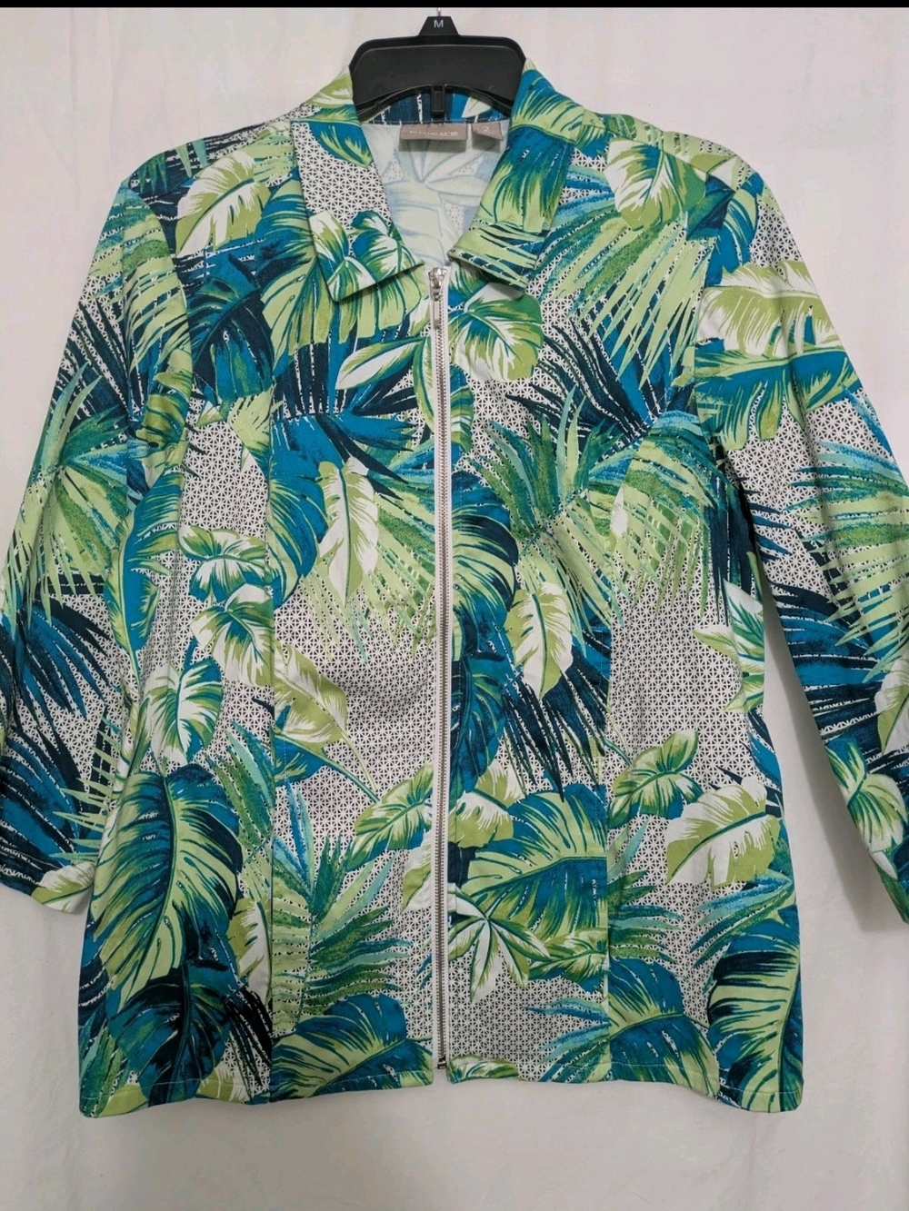 Chico’s Tropical Palm Print Zip Jacket Womens Large Green Blue Lightweight